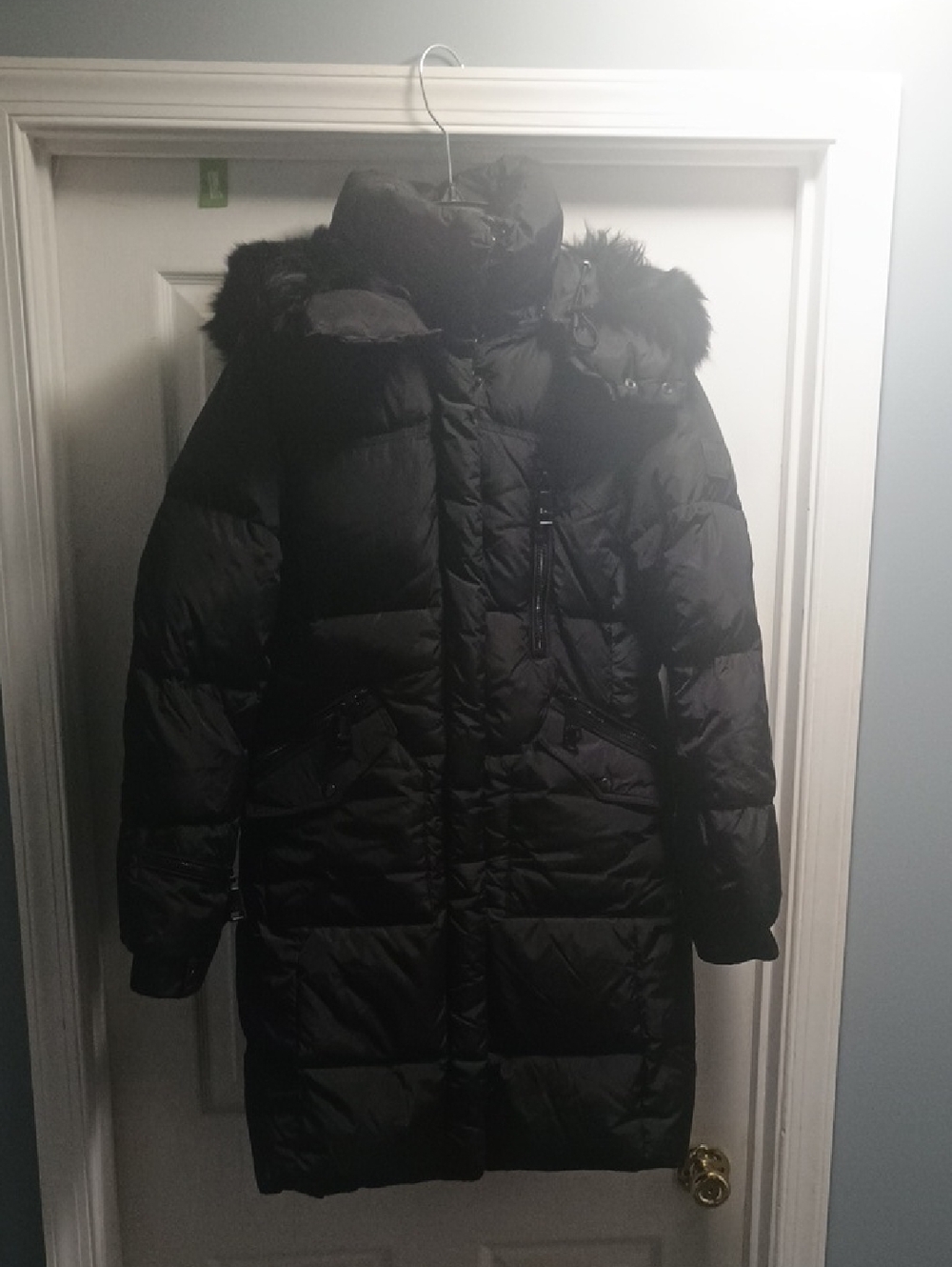 SAM. Women's Black Long Down Puffer Coat with Real Fur Trim
